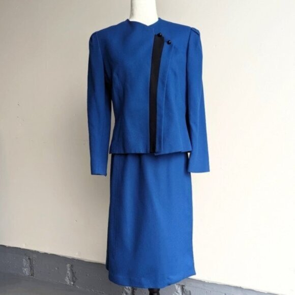 Vintage 80's 100% wool Jules for Progress Royal Blue two piece skirt suit set - Picture 1 of 10